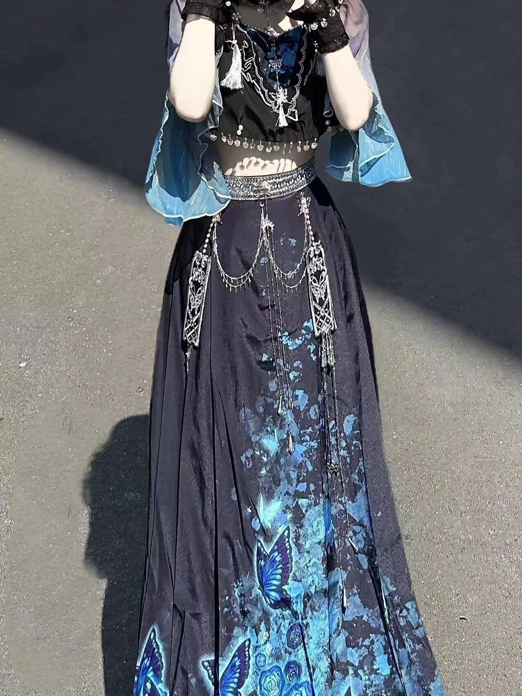 Jing Mu Blue Shadow Butterfly Print A Line V-neck Slim Fit Women's Skirt Sets