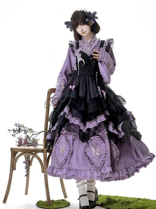 Jing Mu Butterfly Orchid Print Lolita Hanfu Fusion Women's Apron Dress Op Sets