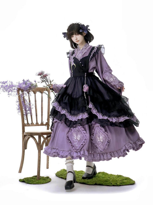 Jing Mu Butterfly Orchid Print Lolita Hanfu Fusion Women's Apron Dress Op Sets