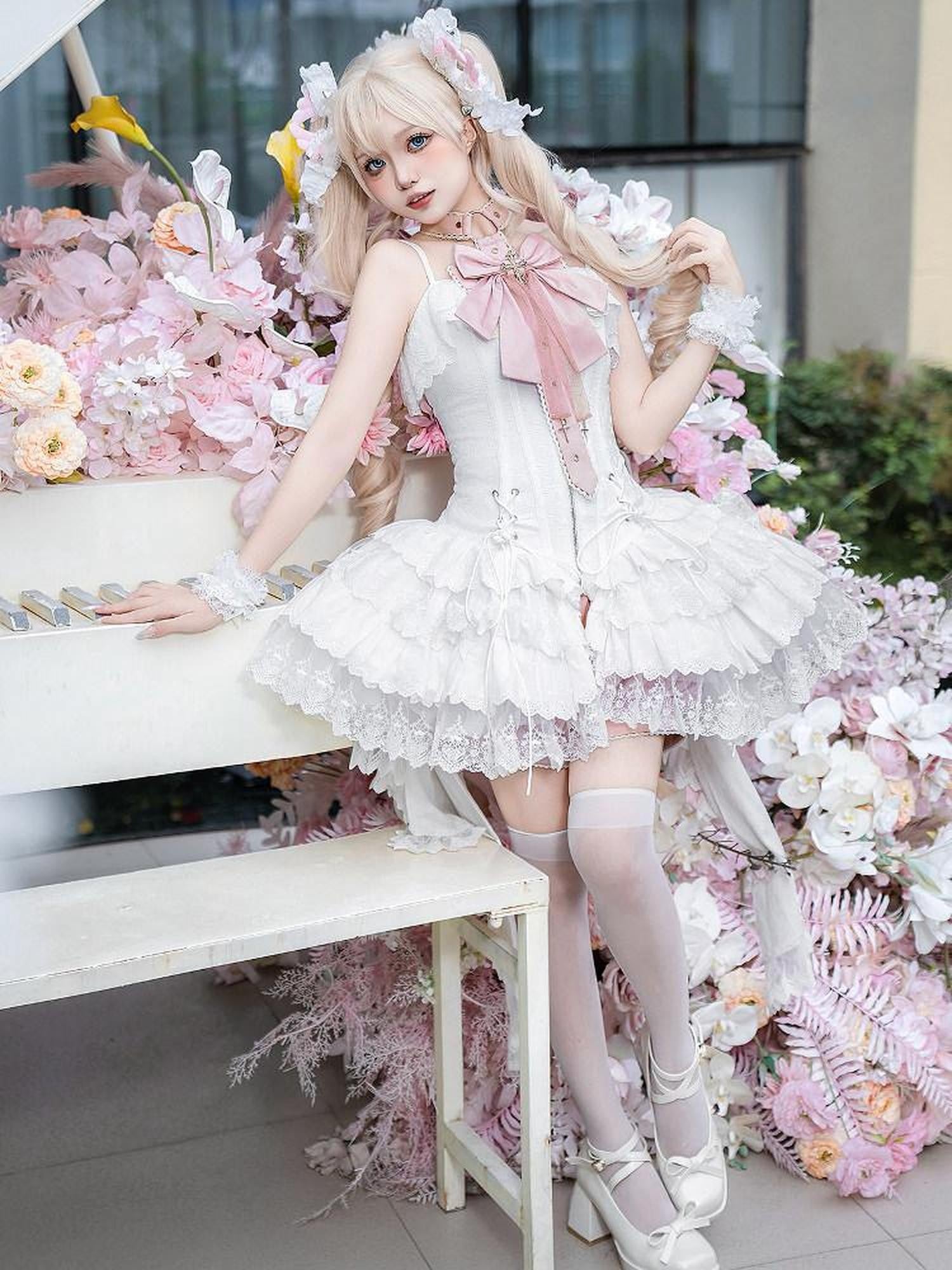Jing Mu Butterfly Ribbon Lolita Strappy Ballet Women's Satin Jsk / Jumper Skirts