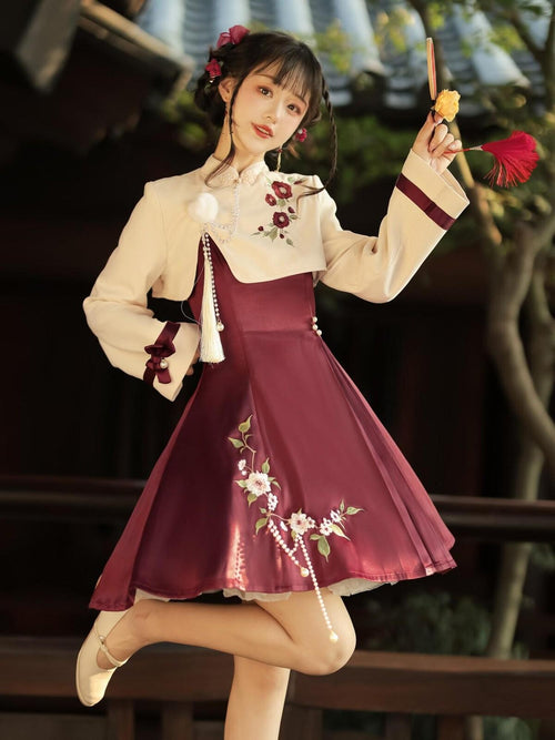 Jing Mu Camellia Print Chinese Jacket Two Piece Lolita Women's Jsk / Jumper Skirts