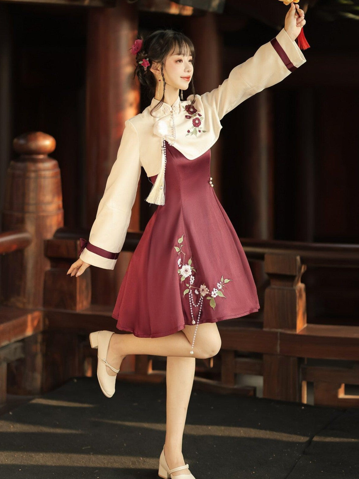 Jing Mu Camellia Print Chinese Jacket Two Piece Lolita Women's Jsk / Jumper Skirts