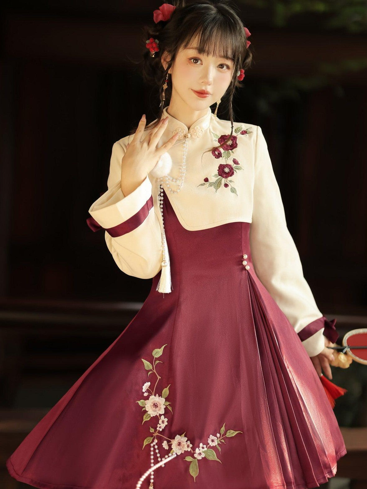 Jing Mu Camellia Print Chinese Jacket Two Piece Lolita Women's Jsk / Jumper Skirts