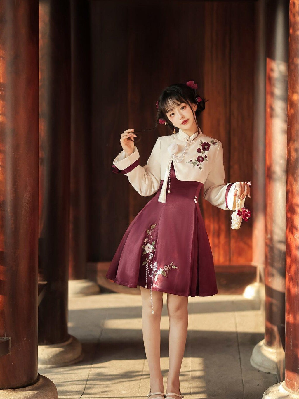 Jing Mu Camellia Print Chinese Jacket Two Piece Lolita Women's Jsk / Jumper Skirts