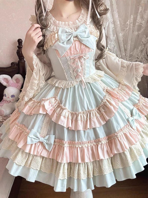 Jing Mu Candy Color Three Tier Lolita Strap Cake Skirt Women's Jsk / Jumper Skirts