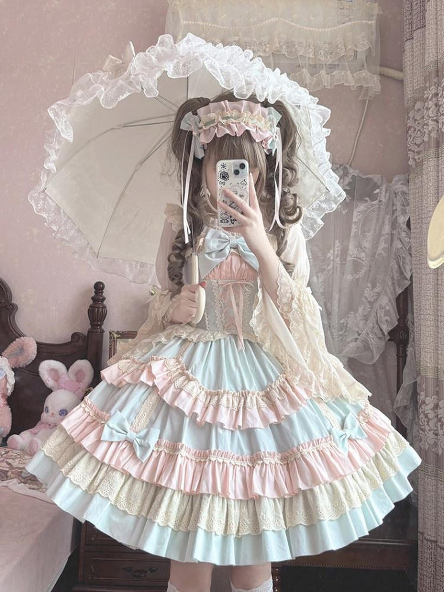 Jing Mu Candy Color Three Tier Lolita Strap Cake Skirt Women's Jsk / Jumper Skirts