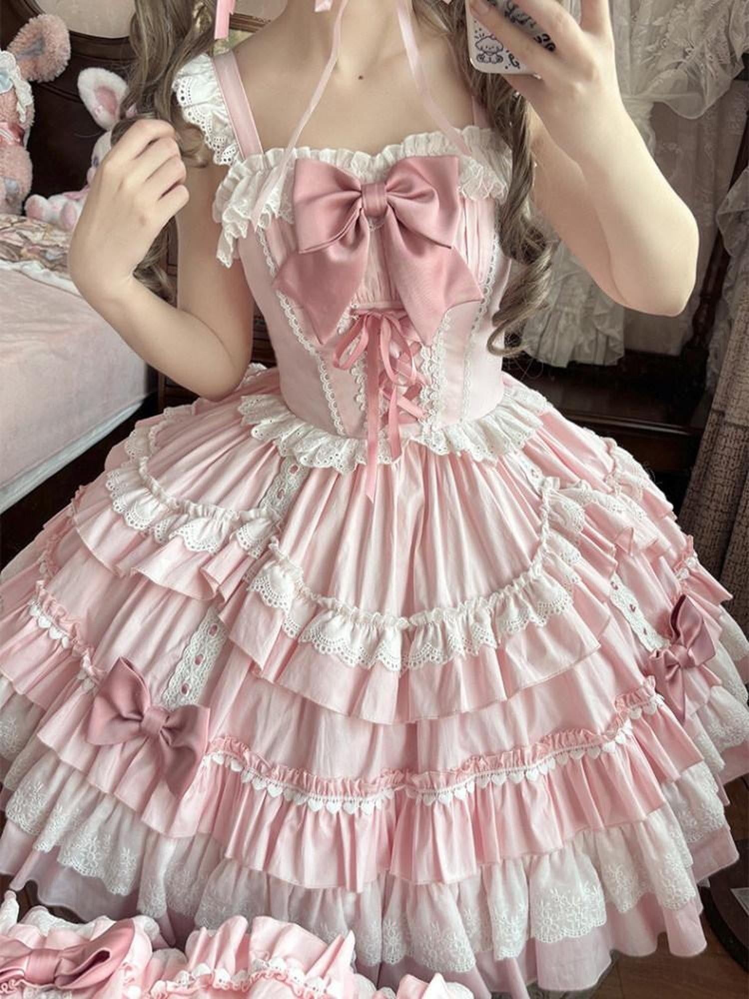 Jing Mu Candy Pink Lolita Ruffle Cake Puff Strap Women's Jsk / Jumper Skirts