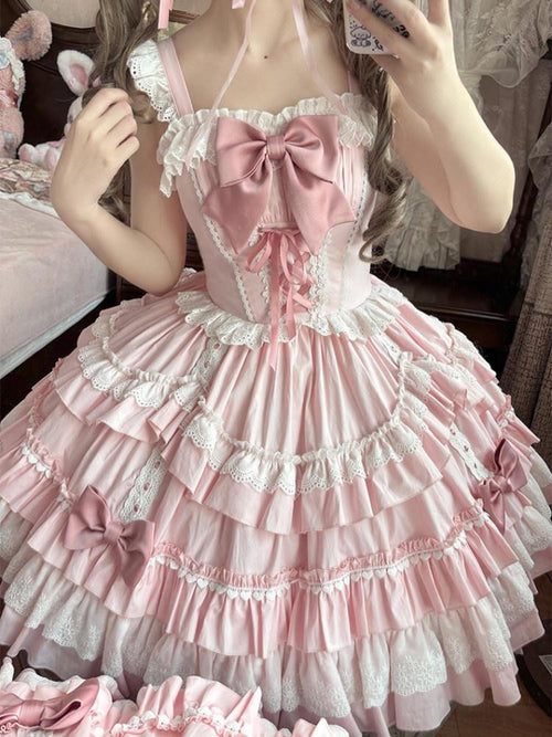 Jing Mu Candy Pink Lolita Ruffle Cake Puff Strap Women's Jsk / Jumper Skirts