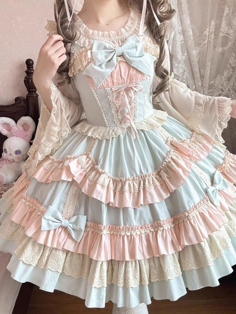 Jing Mu Candy Pink Lolita Ruffle Cake Puff Strap Women's Jsk / Jumper Skirts