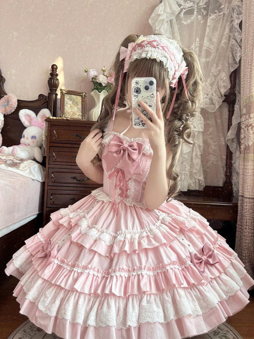 Jing Mu Candy Pink Lolita Ruffle Cake Puff Strap Women's Jsk / Jumper Skirts