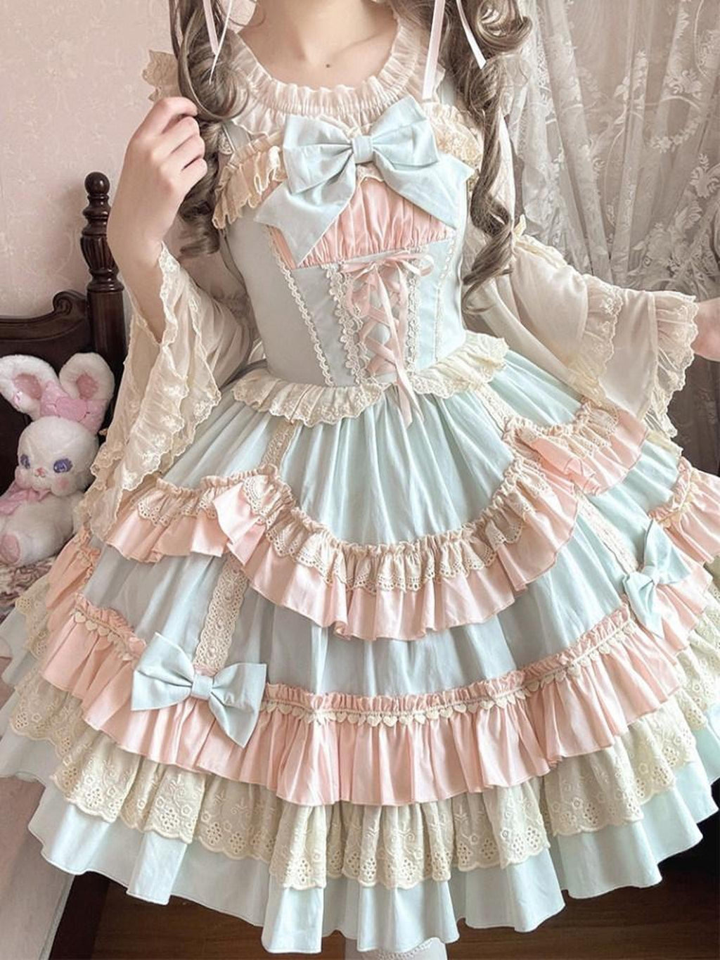 Jing Mu Candy Pink Lolita Ruffle Cake Puff Strap Women's Jsk / Jumper Skirts