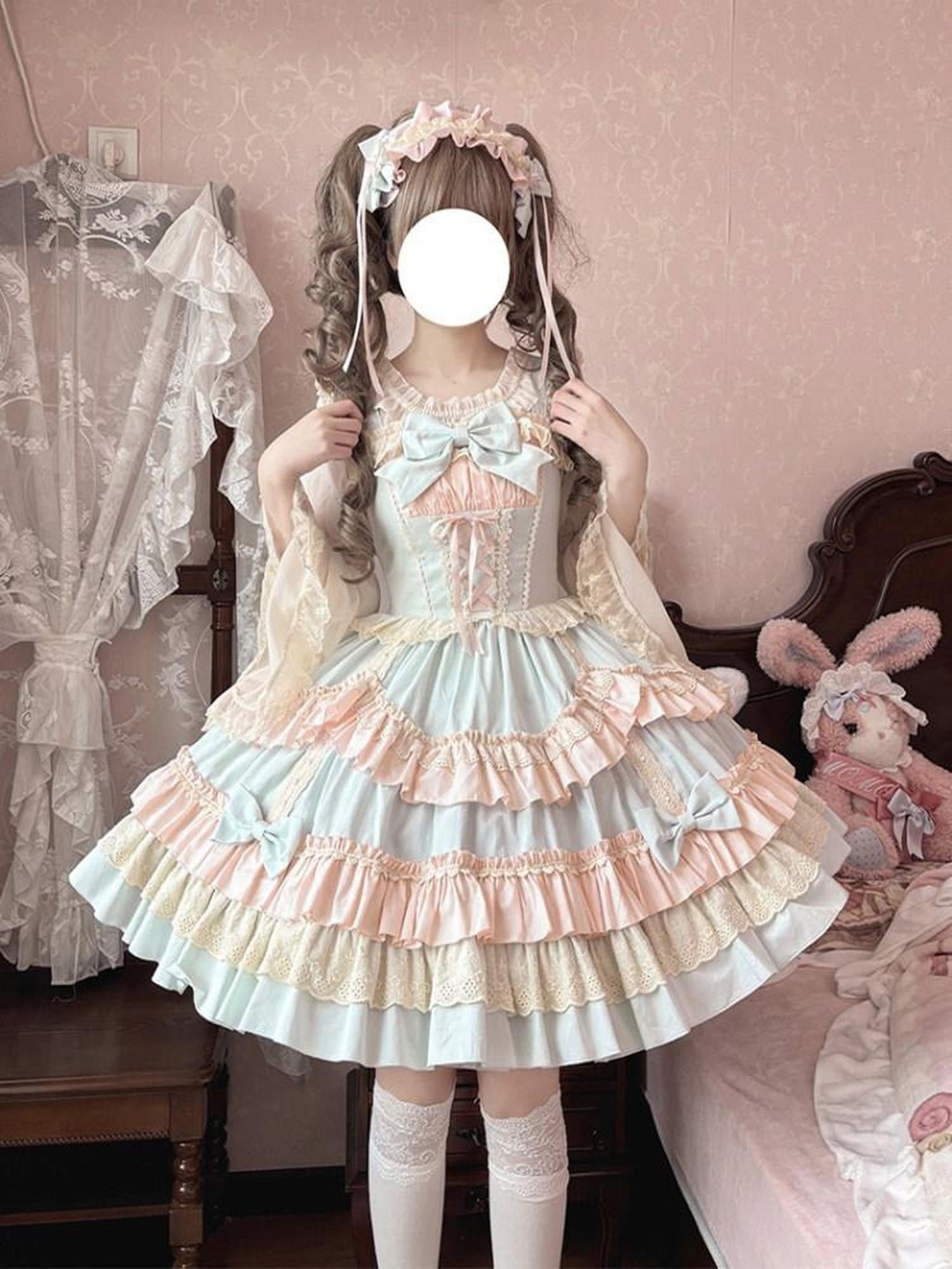 Jing Mu Candy Pink Lolita Ruffle Cake Puff Strap Women's Jsk / Jumper Skirts