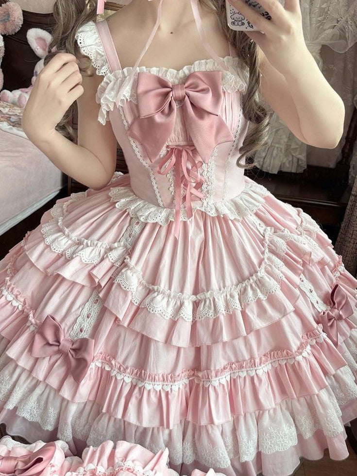 Jing Mu Candy Pink Lolita Ruffle Cake Puff Strap Women's Jsk / Jumper Skirts