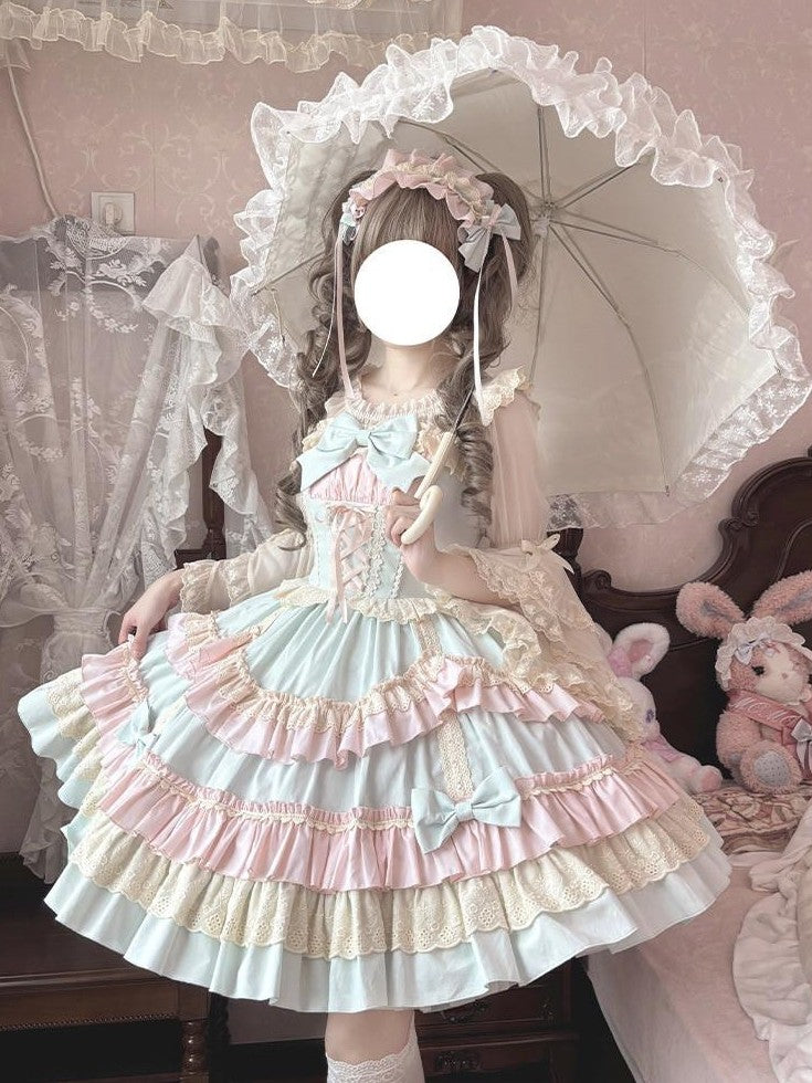Jing Mu Candy Pink Lolita Ruffle Cake Puff Strap Women's Jsk / Jumper Skirts