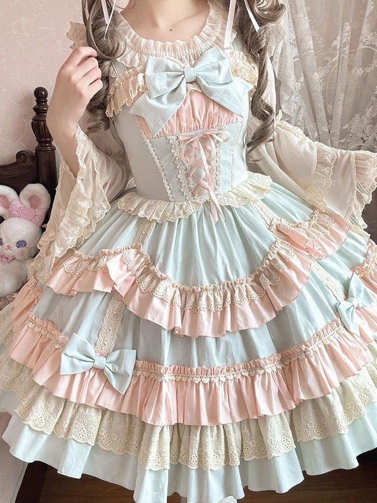 Jing Mu Candy Pink Lolita Ruffle Cake Puff Strap Women's Jsk / Jumper Skirts