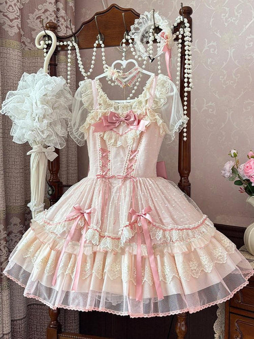 Jing Mu Candy Print Lolita Ballet A Line Spaghetti Tie Women's Jsk / Jumper Skirts