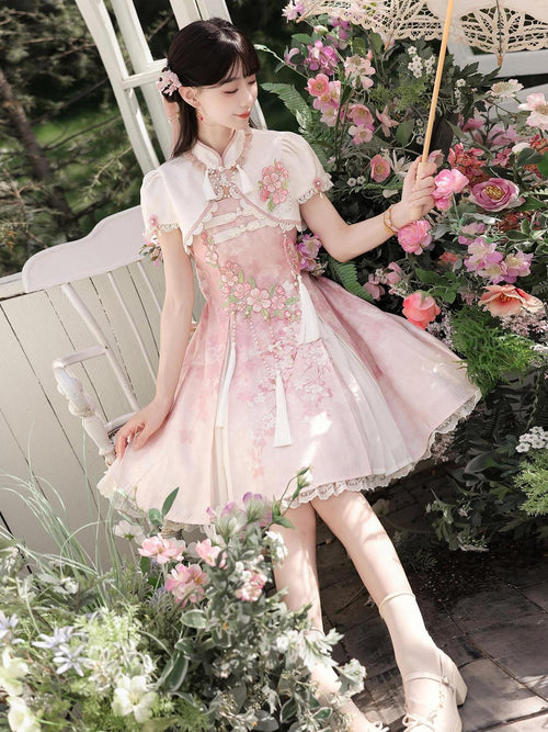 Jing Mu Cherry Blossom Cheongsam Stand Collar Women's Pink Jsk / Jumper Skirts