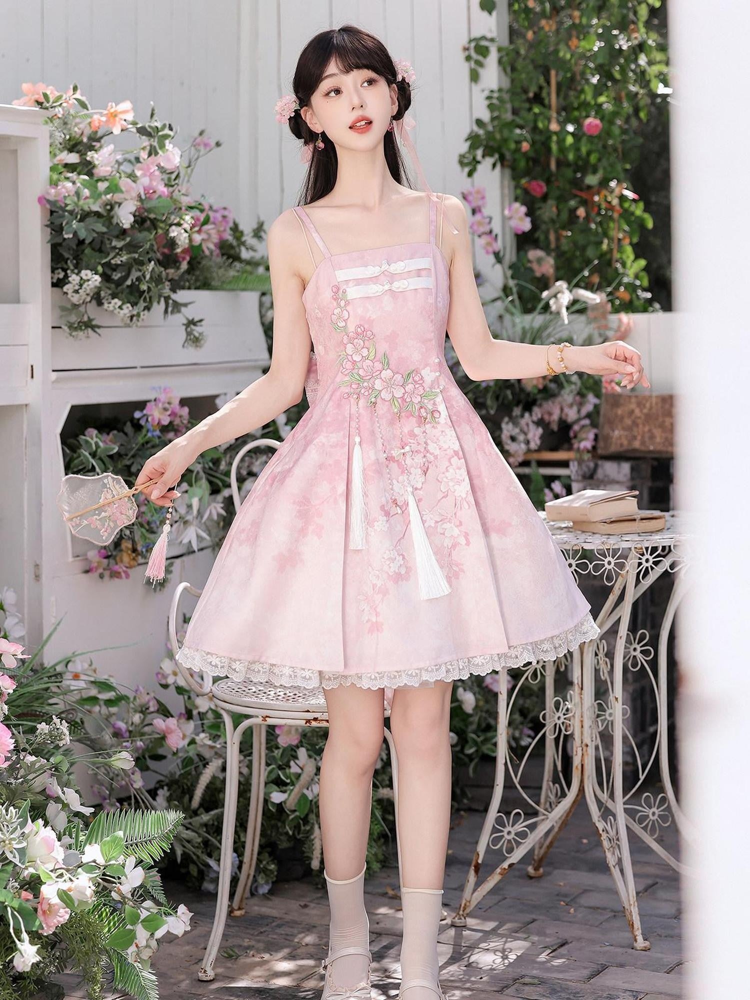Jing Mu Cherry Blossom Cheongsam Stand Collar Women's Pink Jsk / Jumper Skirts