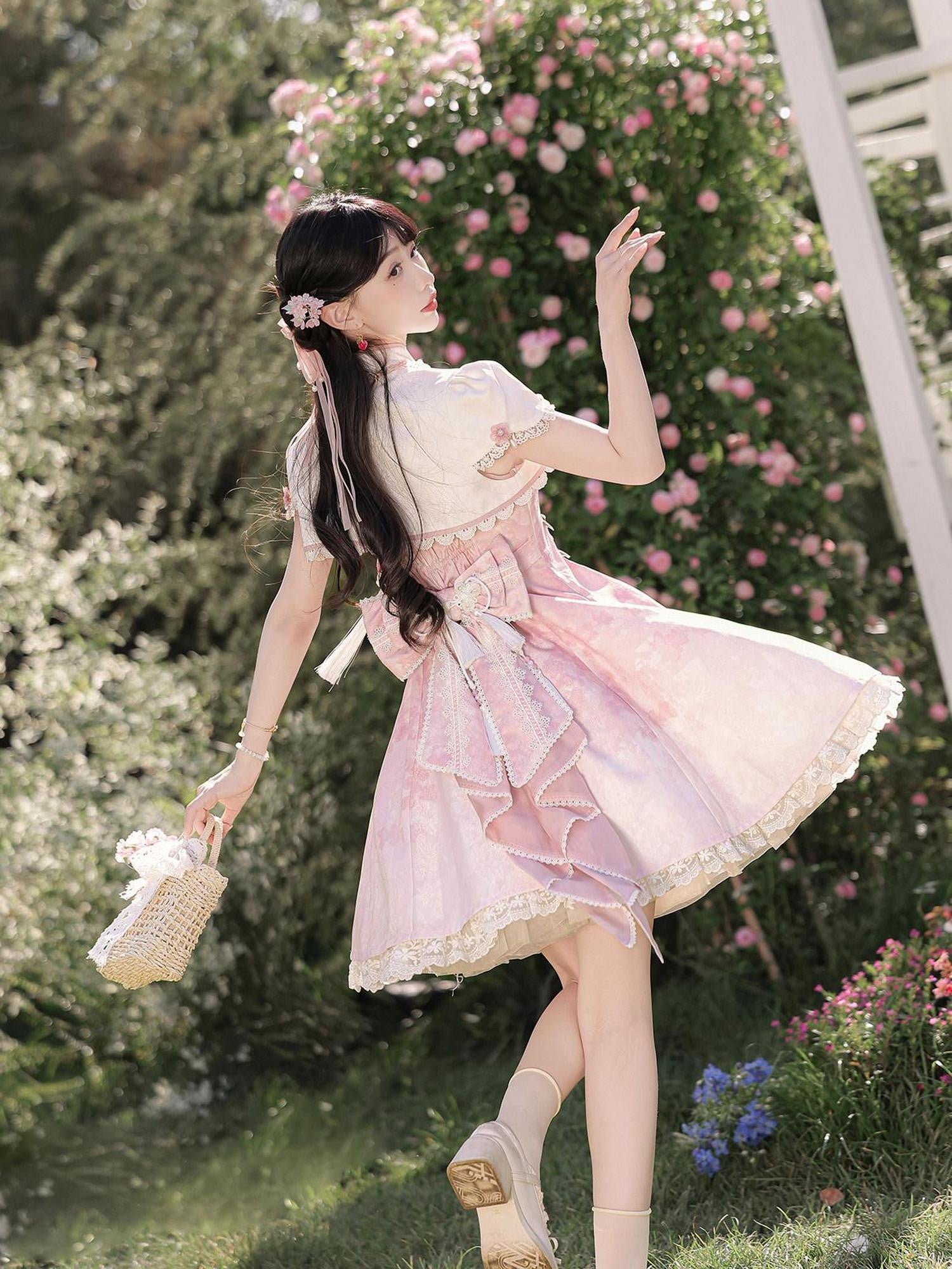 Jing Mu Cherry Blossom Cheongsam Stand Collar Women's Pink Jsk / Jumper Skirts