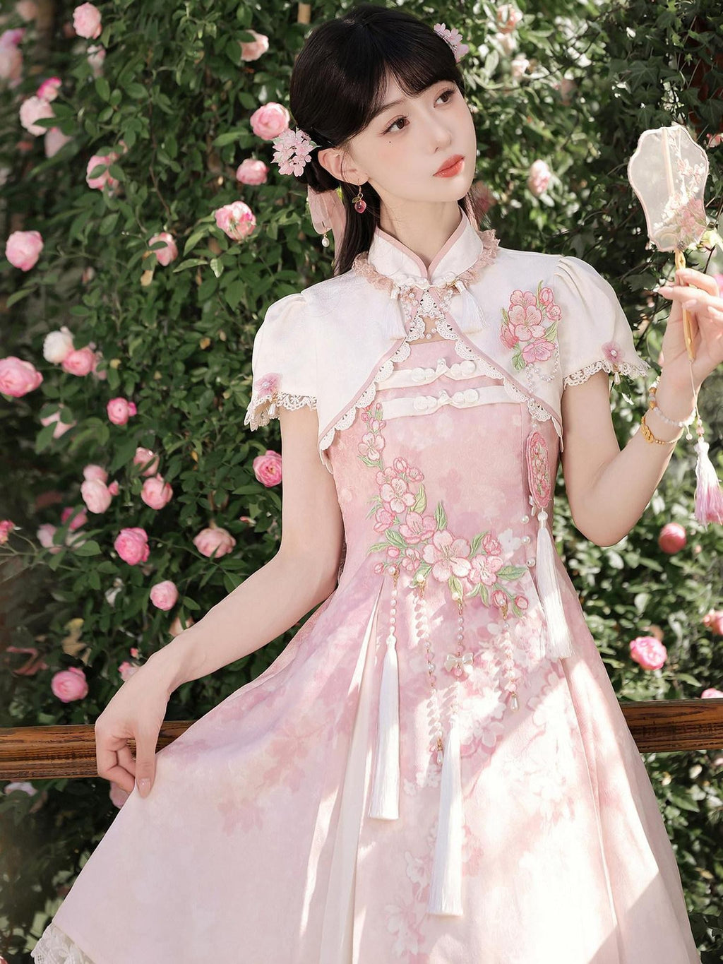 Jing Mu Cherry Blossom Cheongsam Stand Collar Women's Pink Jsk / Jumper Skirts