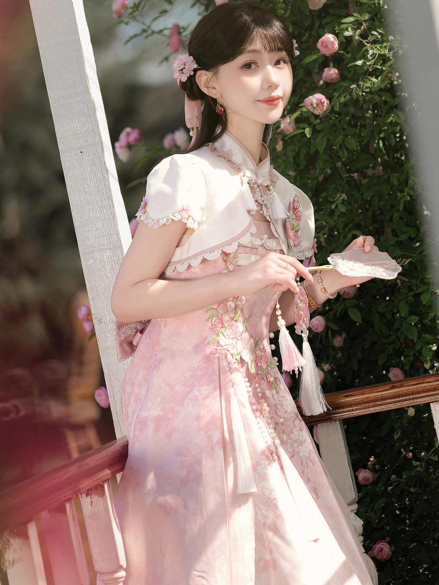 Jing Mu Cherry Blossom Cheongsam Stand Collar Women's Pink Jsk / Jumper Skirts