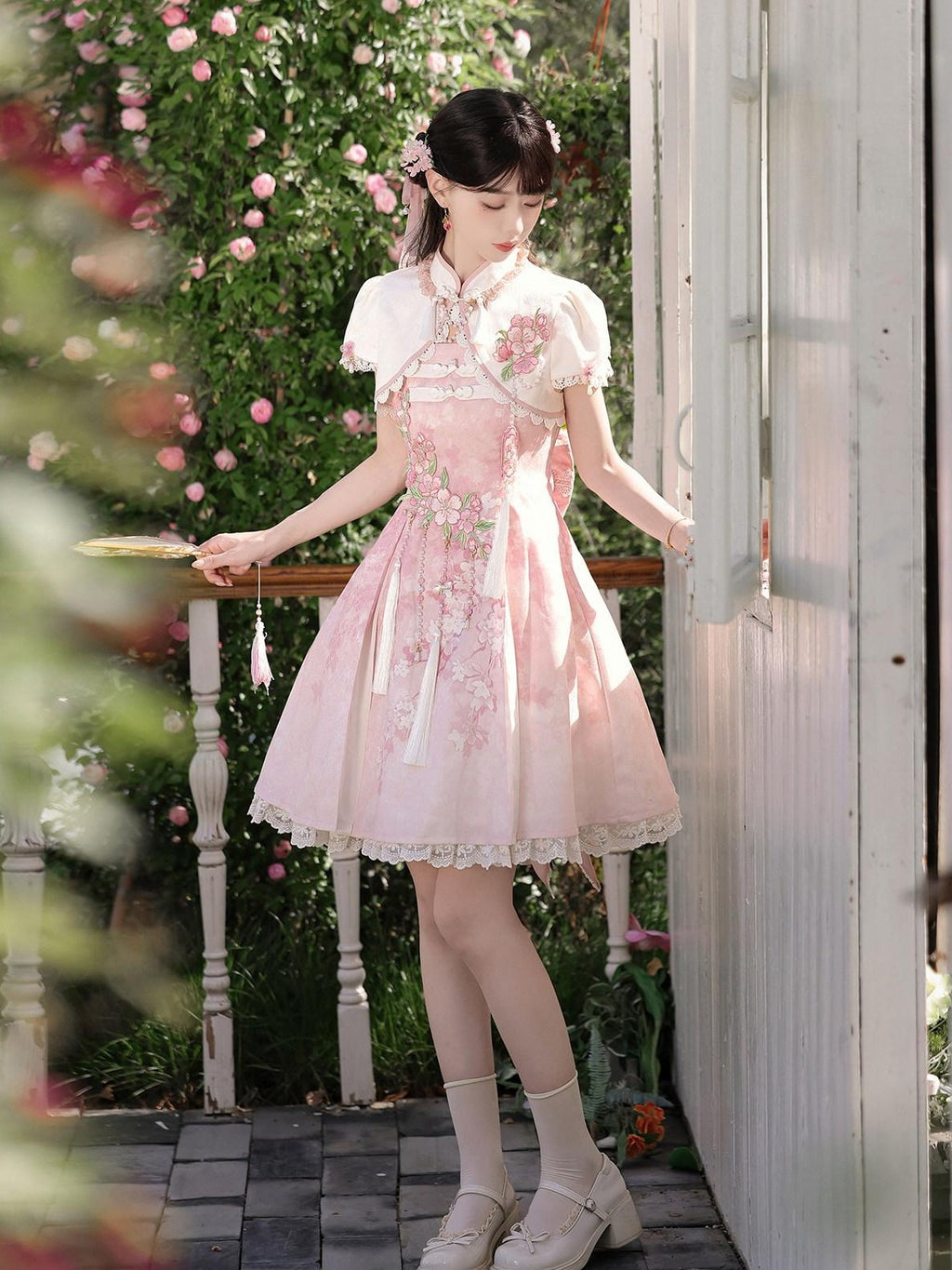 Jing Mu Cherry Blossom Cheongsam Stand Collar Women's Pink Jsk / Jumper Skirts