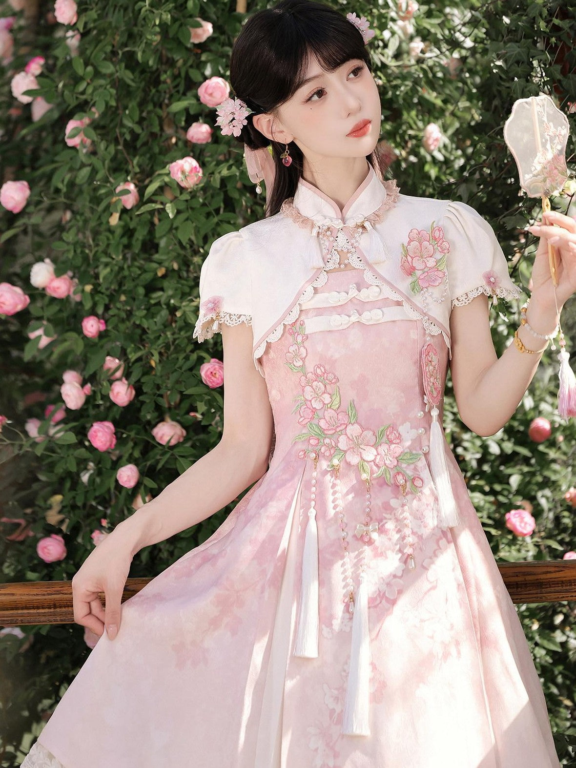 Jing Mu Cherry Blossom Cheongsam Stand Collar Women's Pink Jsk / Jumper Skirts