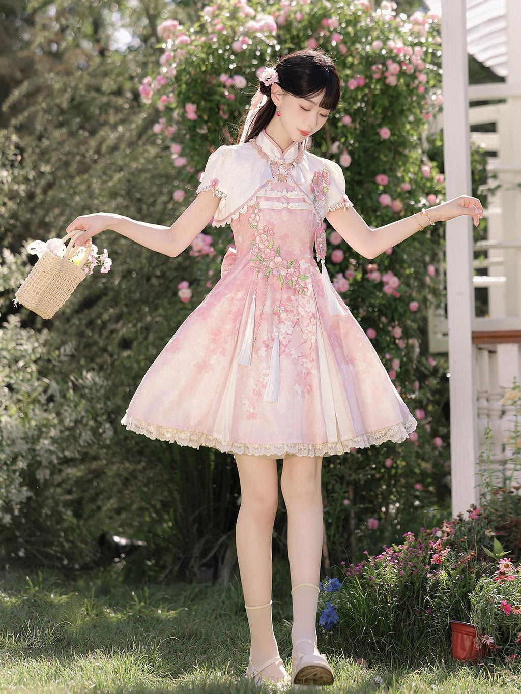 Jing Mu Cherry Blossom Cheongsam Stand Collar Women's Pink Jsk / Jumper Skirts