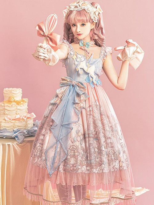 Jing Mu Cloud Print Sweet Lolita Princess Women's Pink Blue Jsk / Jumper Skirts