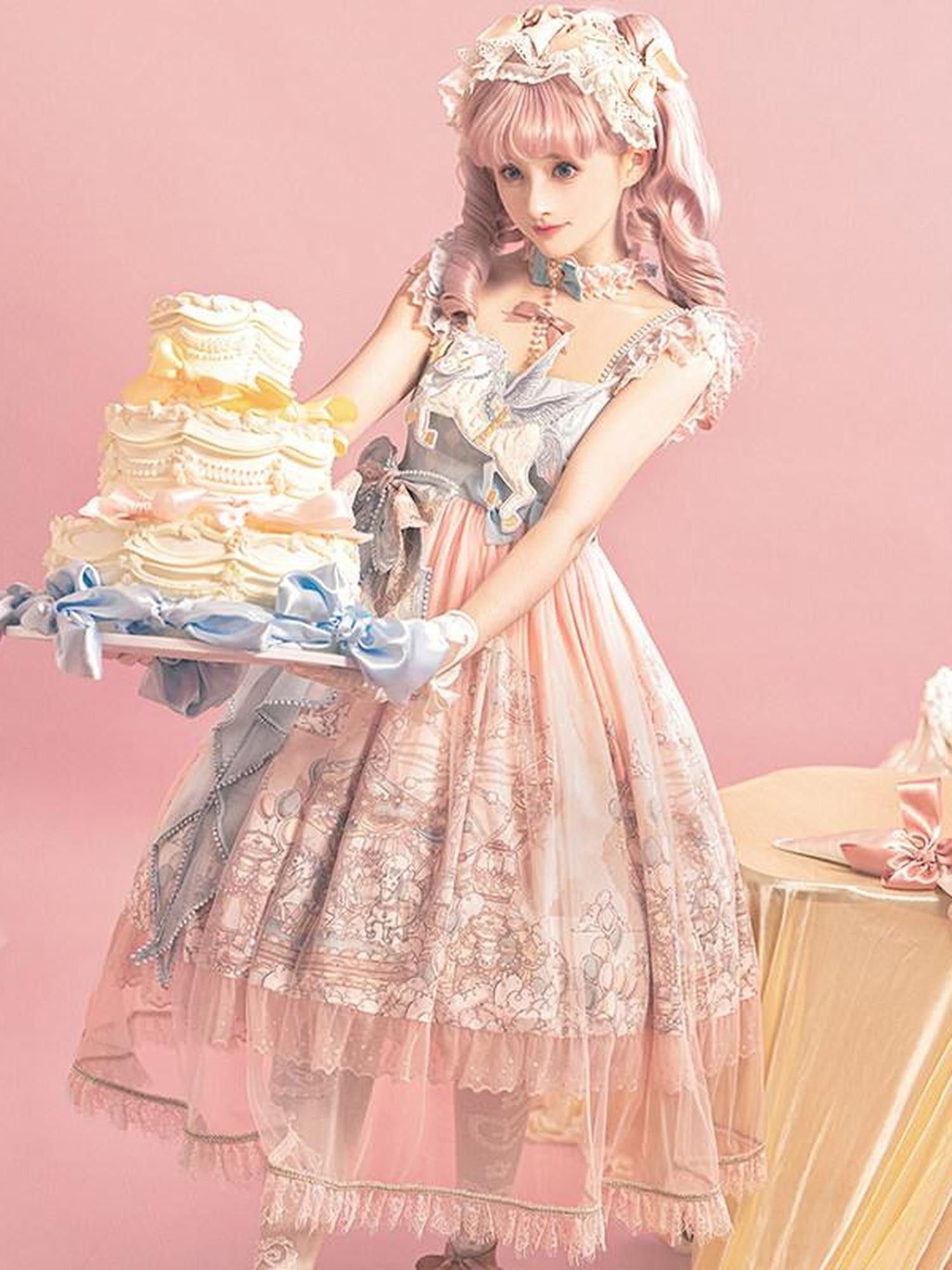 Jing Mu Cloud Print Sweet Lolita Princess Women's Pink Blue Jsk / Jumper Skirts
