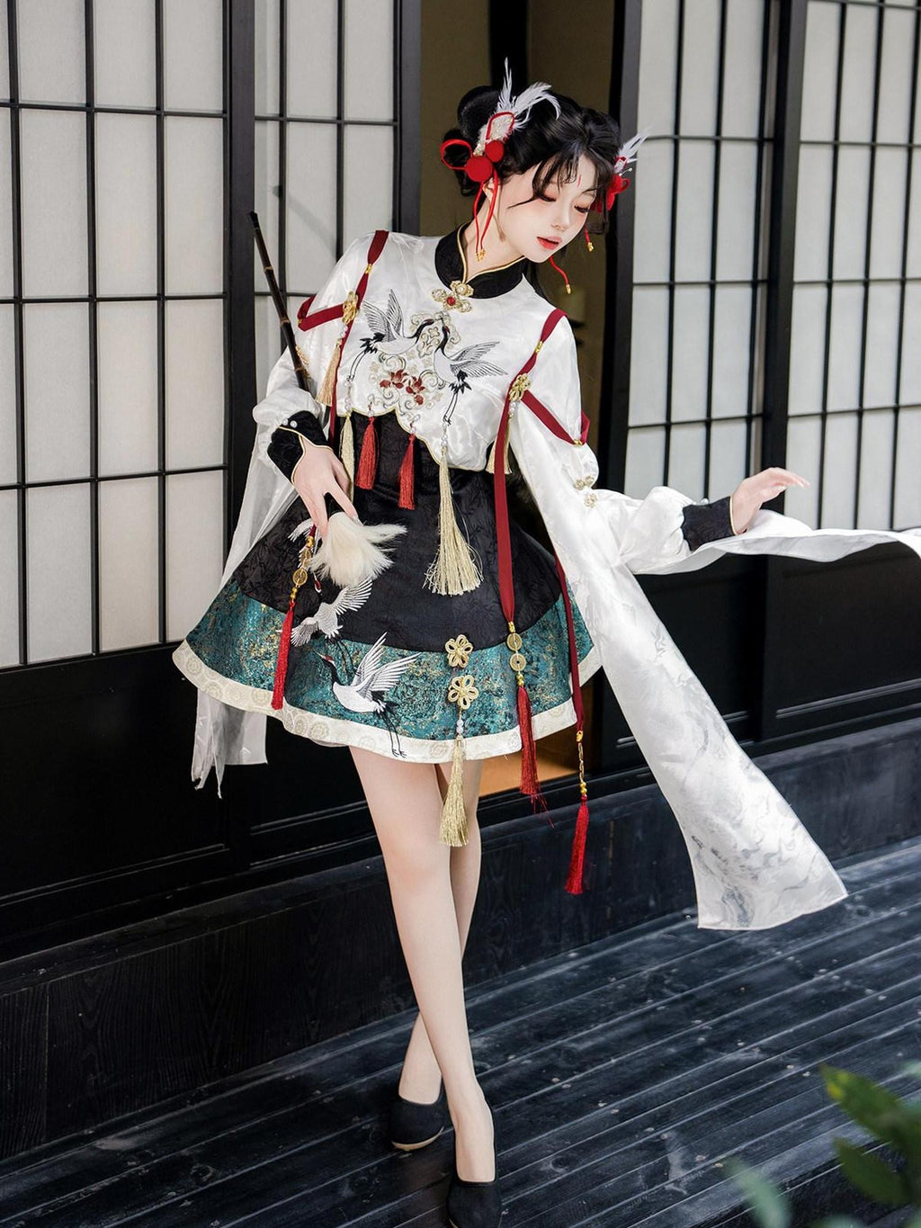 Jing Mu Crane Print Lolita Qipao Stand Collar A Line Loose Women's Op Sets
