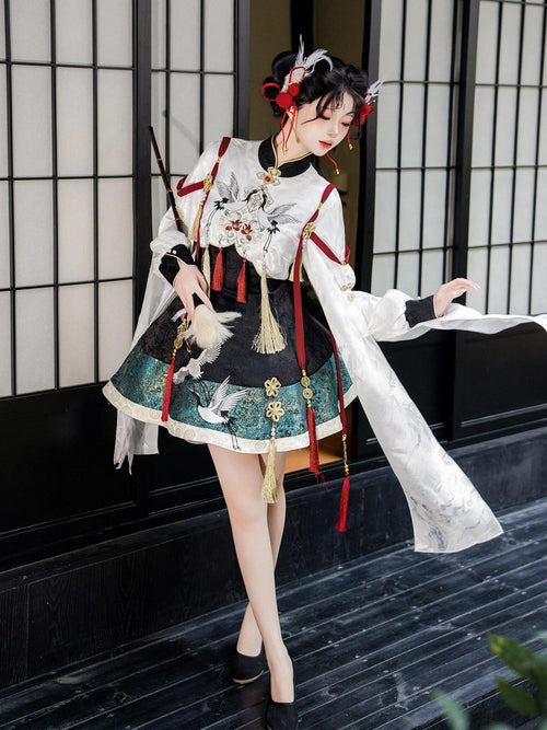Jing Mu Crane Print Lolita Qipao Stand Collar A Line Loose Women's Op Sets