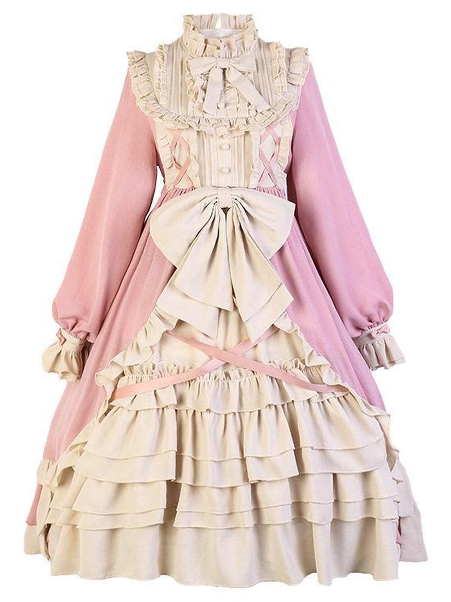 Jing Mu Cream Printed A Line Full Skirt Stand Collar Women's Polyester Long Sleeve Op
