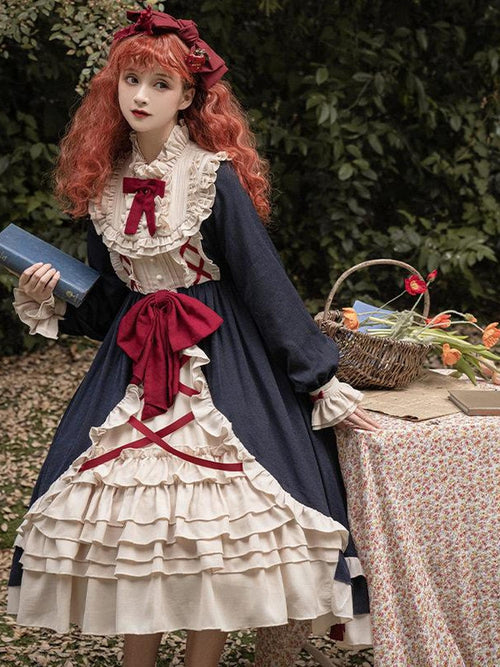 Jing Mu Cream Spliced Lolita A Line Stand Collar Train Women's Polyester Long Sleeve Op