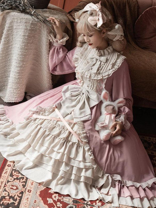 Jing Mu Cream Spliced Lolita A Line Stand Collar Train Women's Polyester Long Sleeve Op