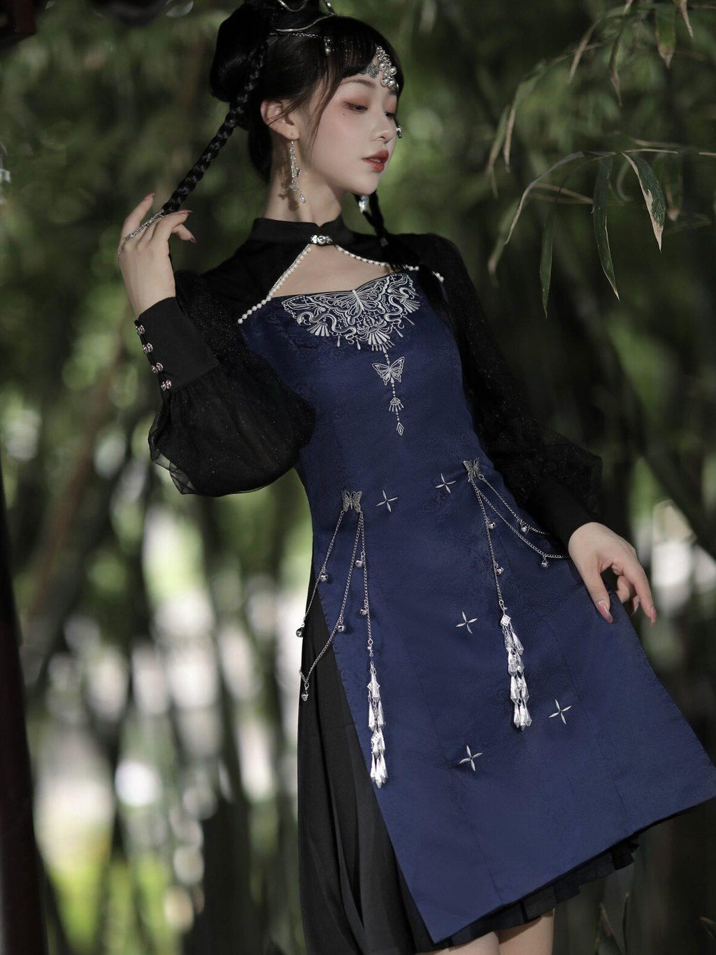 Jing Mu Cutout Embroidered Modified Cheongsam Women's Polyester Long Sleeve Op