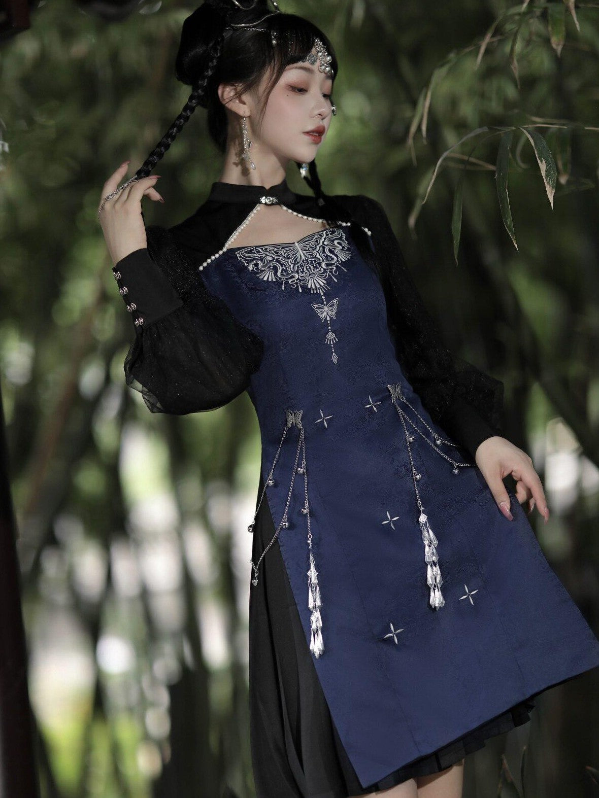 Jing Mu Cutout Embroidered Modified Cheongsam Women's Polyester Long Sleeve Op