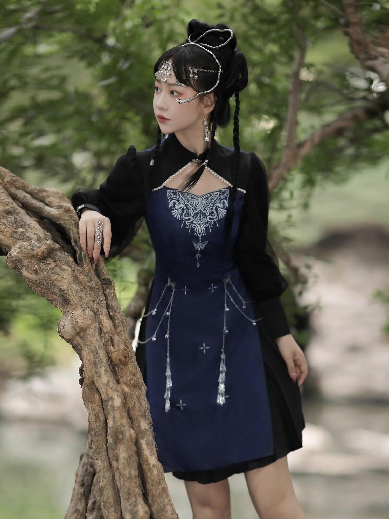Jing Mu Cutout Embroidered Modified Cheongsam Women's Polyester Long Sleeve Op