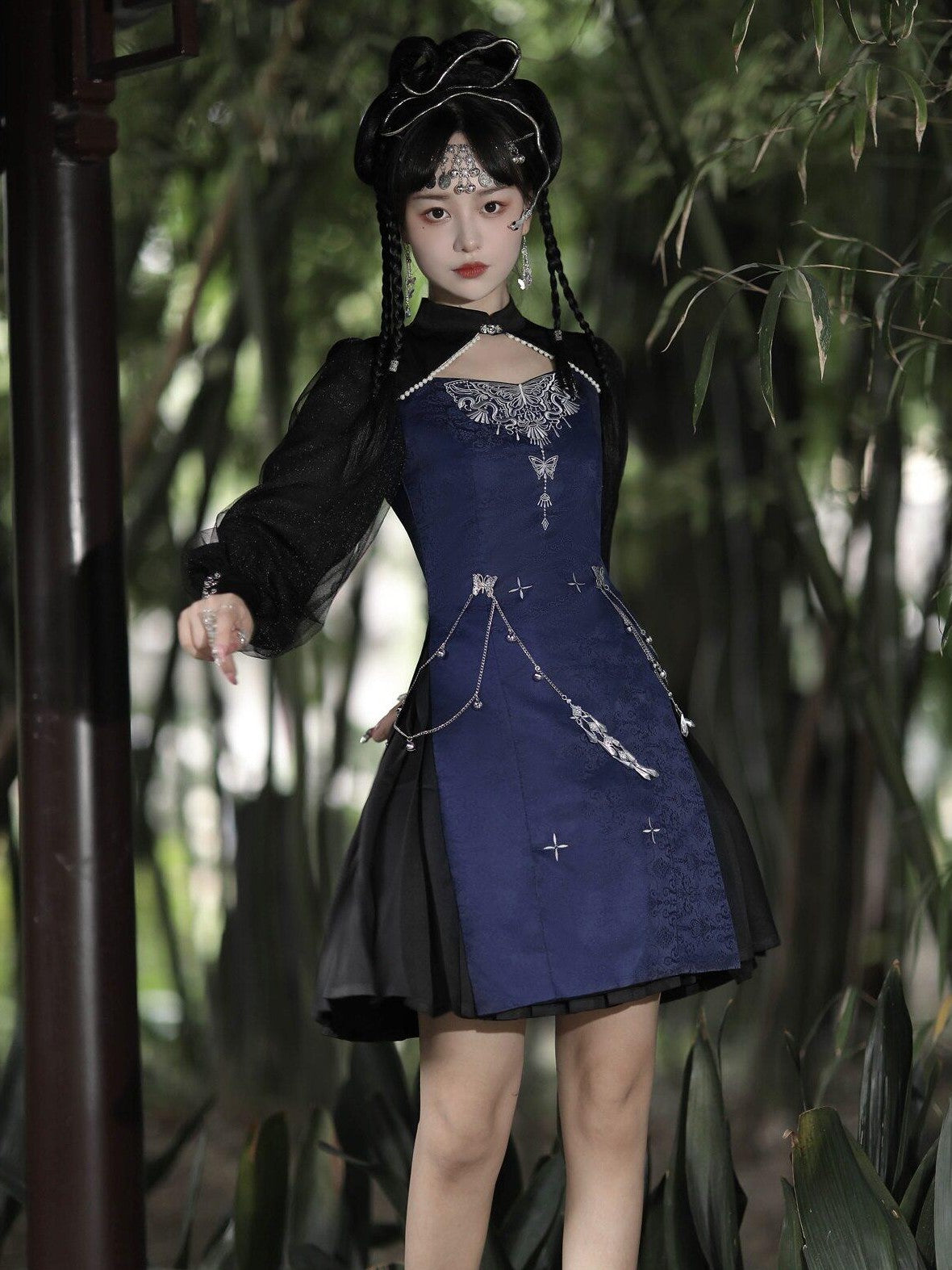 Jing Mu Cutout Embroidered Modified Cheongsam Women's Polyester Long Sleeve Op