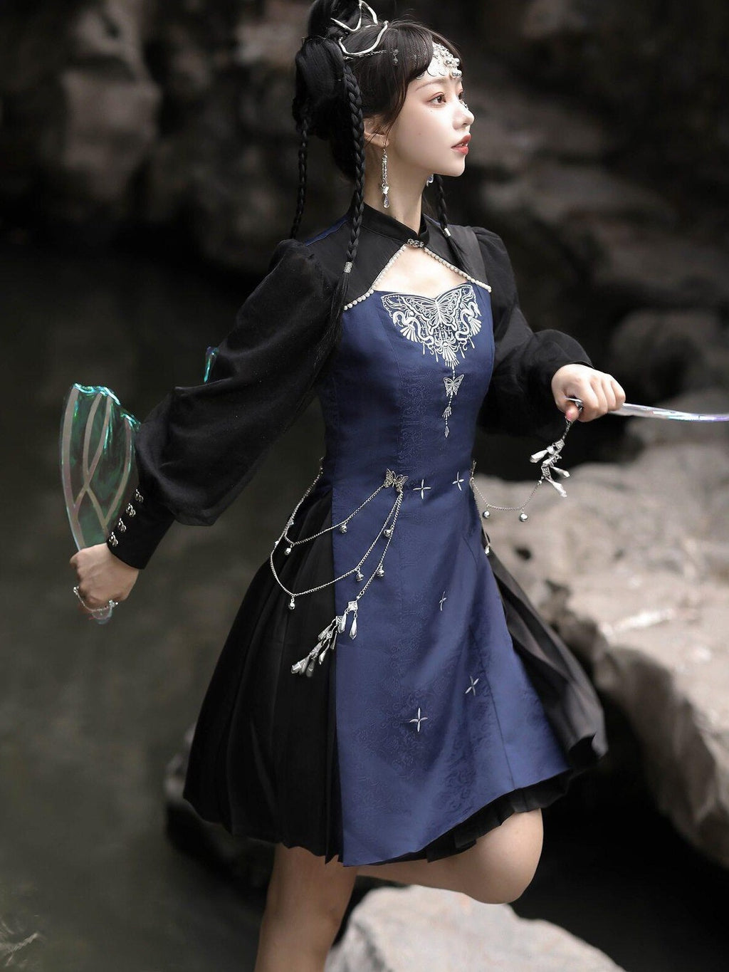 Jing Mu Cutout Embroidered Modified Cheongsam Women's Polyester Long Sleeve Op