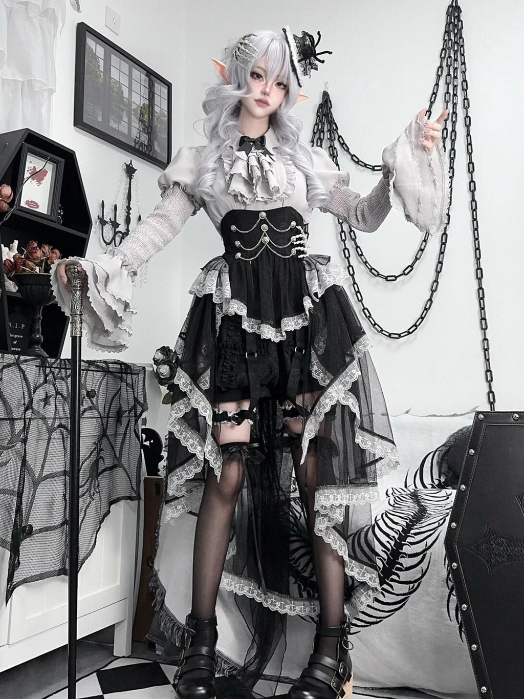 Jing Mu Dark Fairytale Gothic Waist Cinched Lolita Women's Skirt Sets