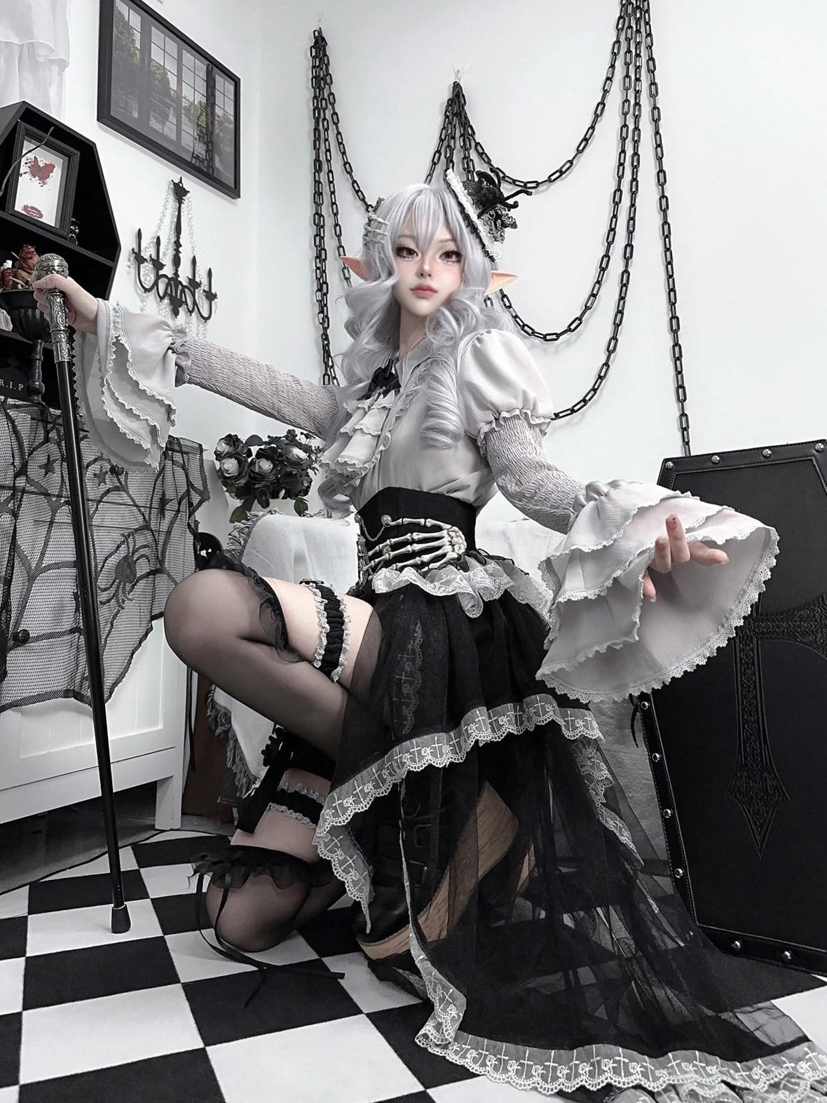 Jing Mu Dark Fairytale Gothic Waist Cinched Lolita Women's Skirt Sets