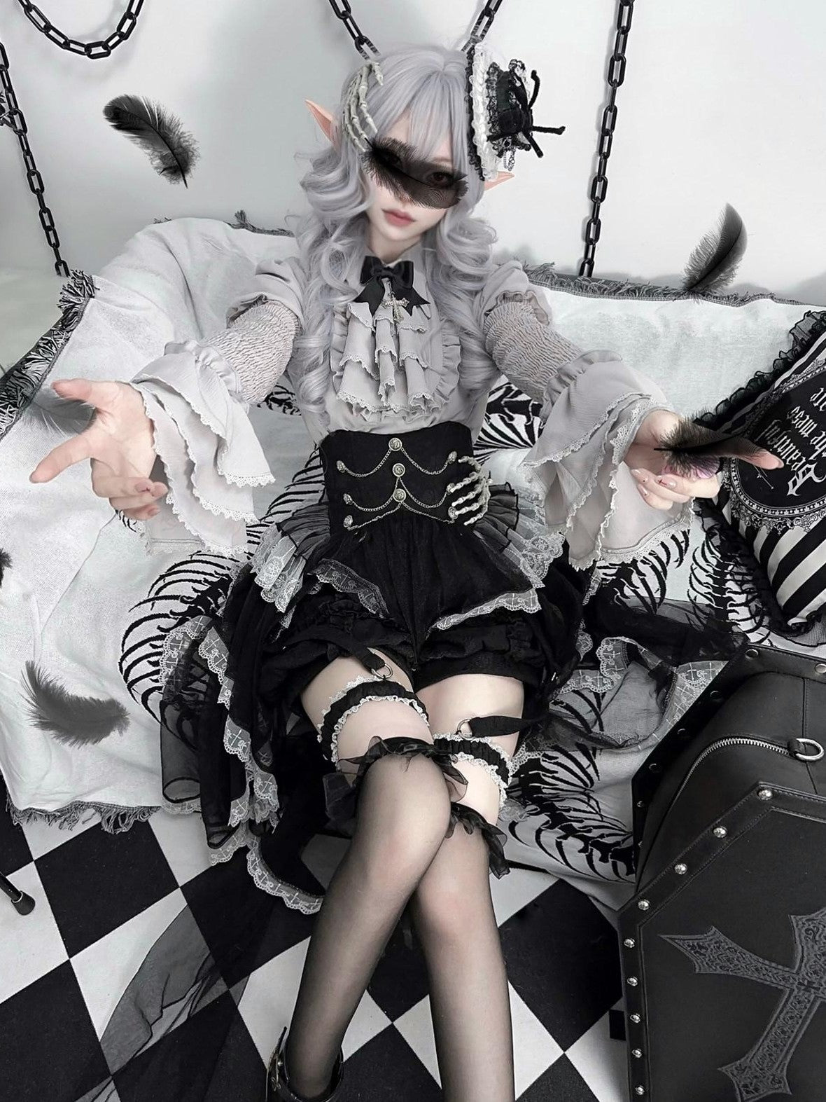 Jing Mu Dark Fairytale Gothic Waist Cinched Lolita Women's Skirt Sets