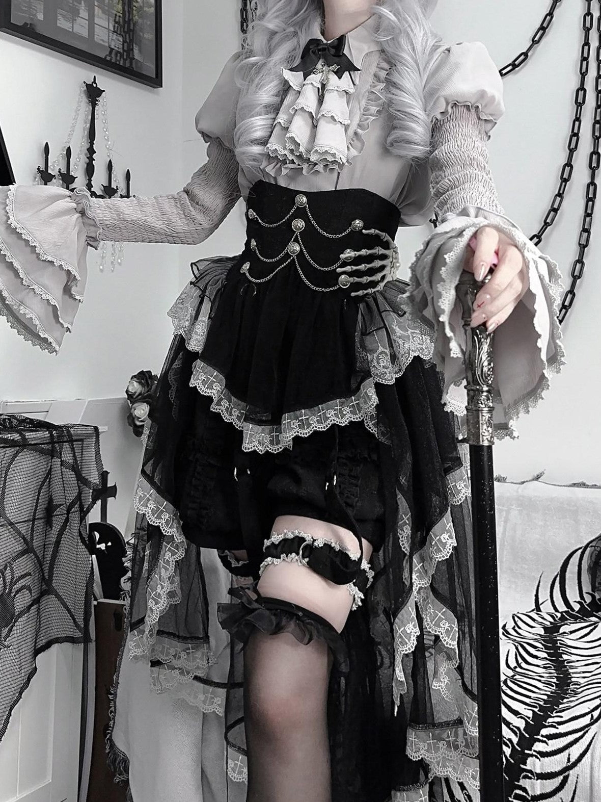 Jing Mu Dark Fairytale Gothic Waist Cinched Lolita Women's Skirt Sets