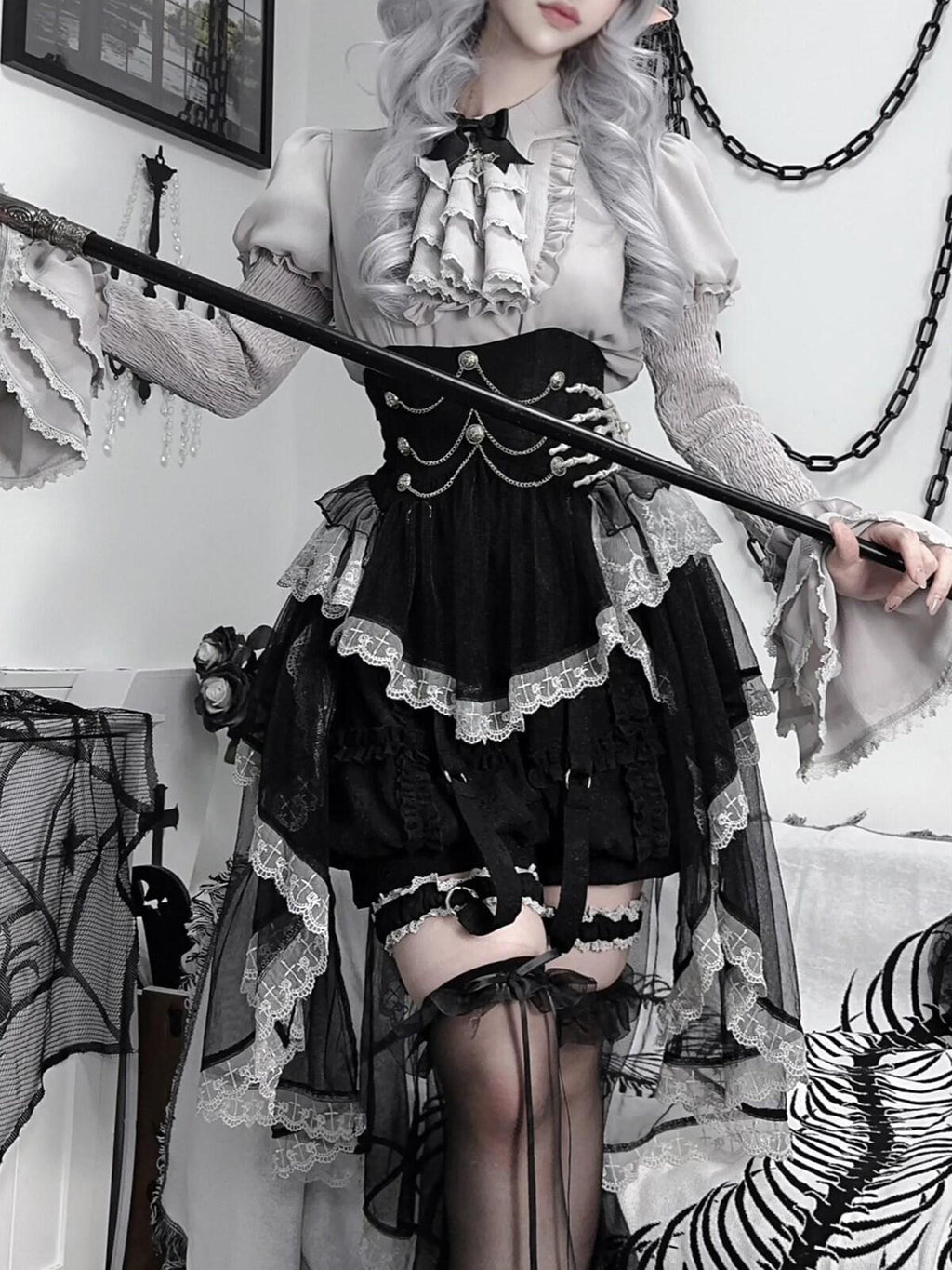 Jing Mu Dark Fairytale Gothic Waist Cinched Lolita Women's Skirt Sets