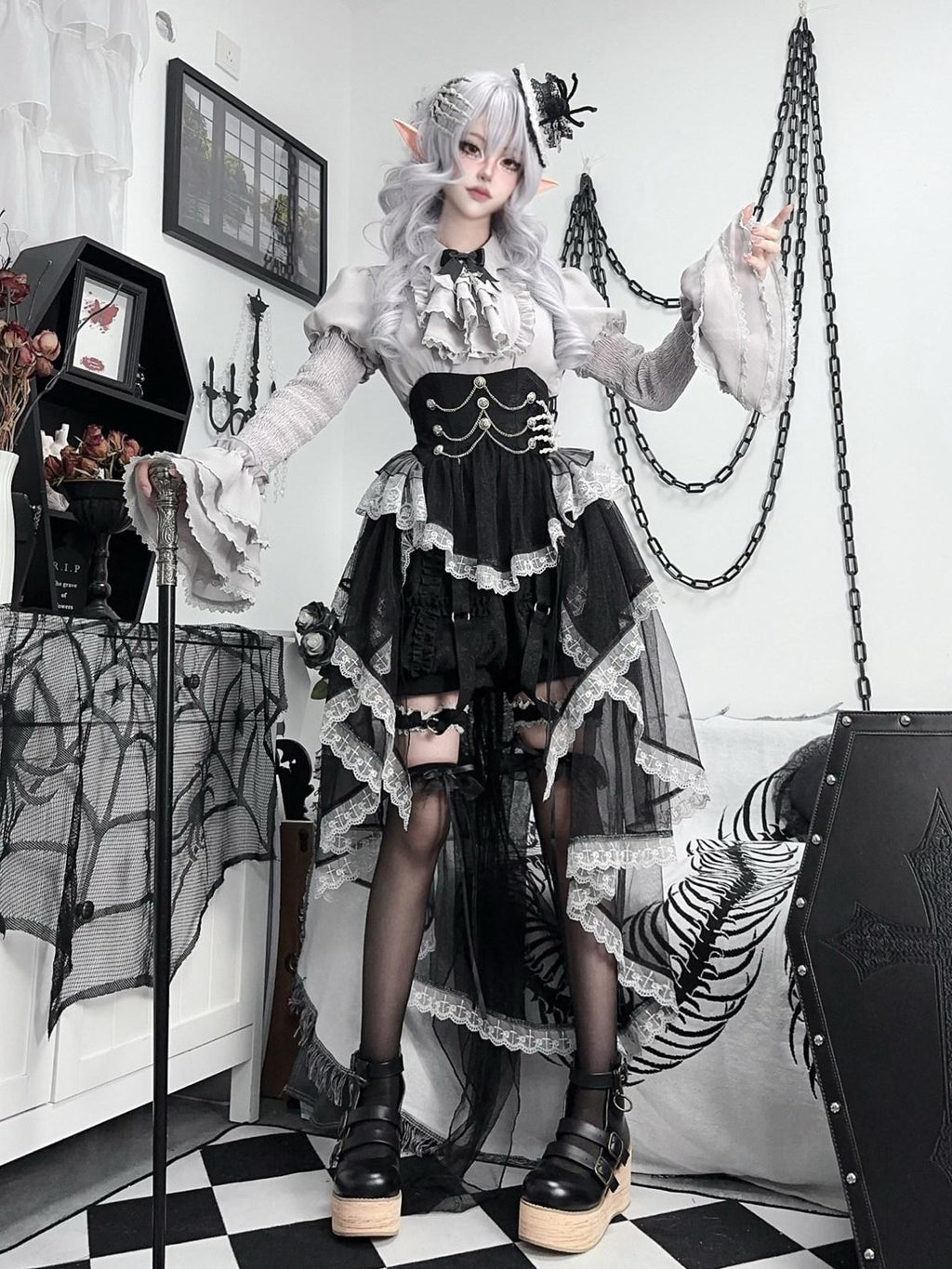 Jing Mu Dark Fairytale Gothic Waist Cinched Lolita Women's Skirt Sets