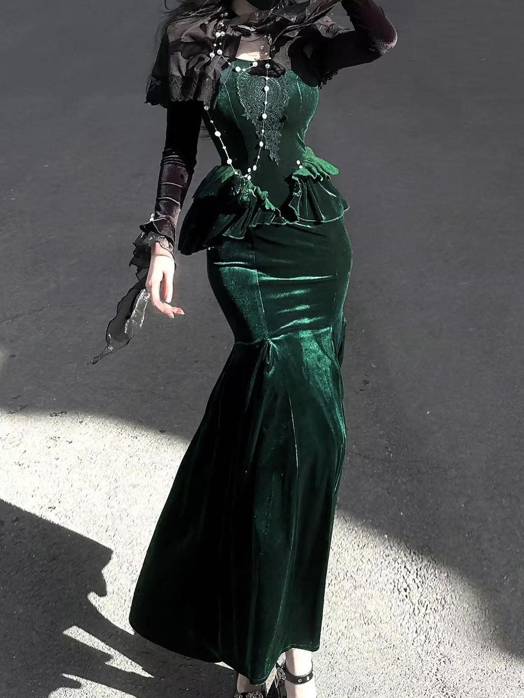Jing Mu Dark Forest Green Strappy Fishtail Mermaid Slim Fit Women's Op Sets