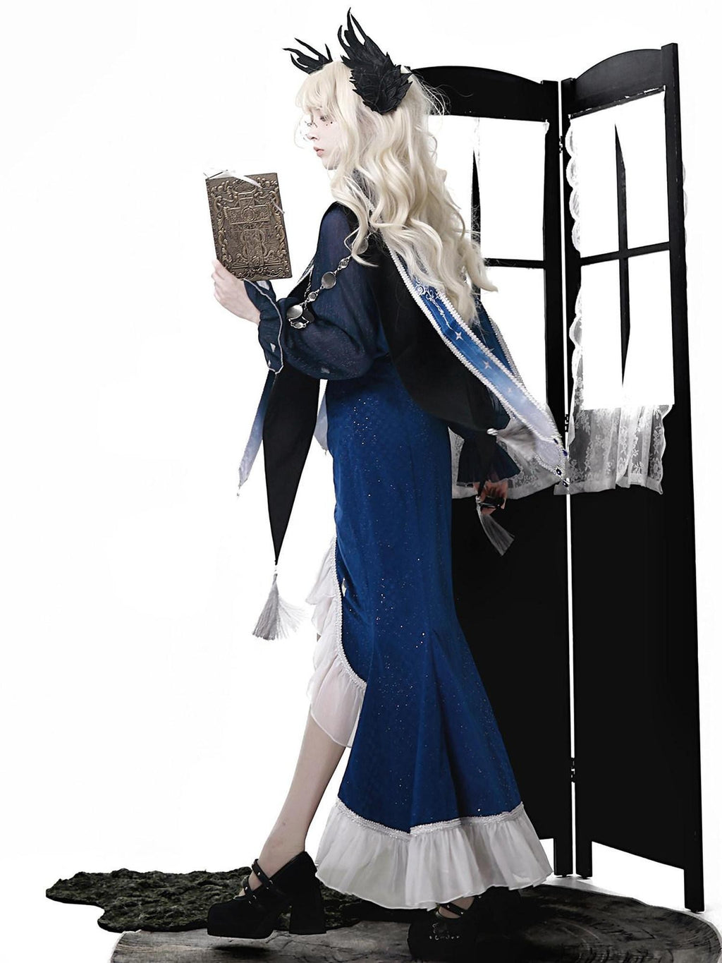 Jing Mu Dark Gothic Lolita Astrologer New Chinese Fishtail Shawl Women's Skirt Sets