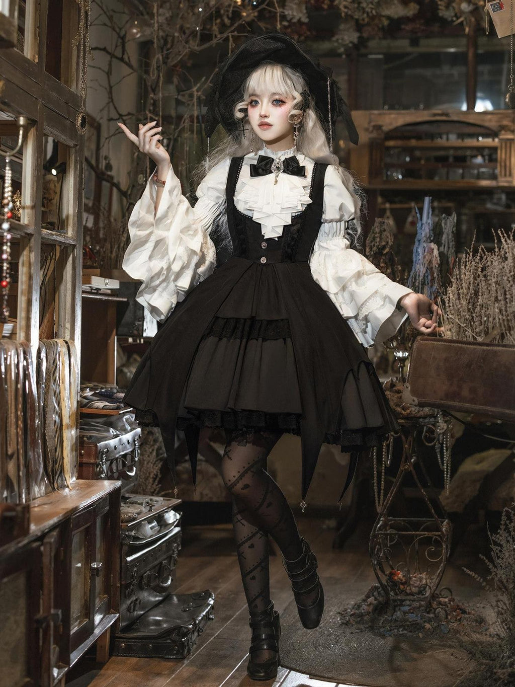 Jing Mu Dark Gothic Lolita Witch Suspender Dress Blouse Hat Women's Jsk Sets