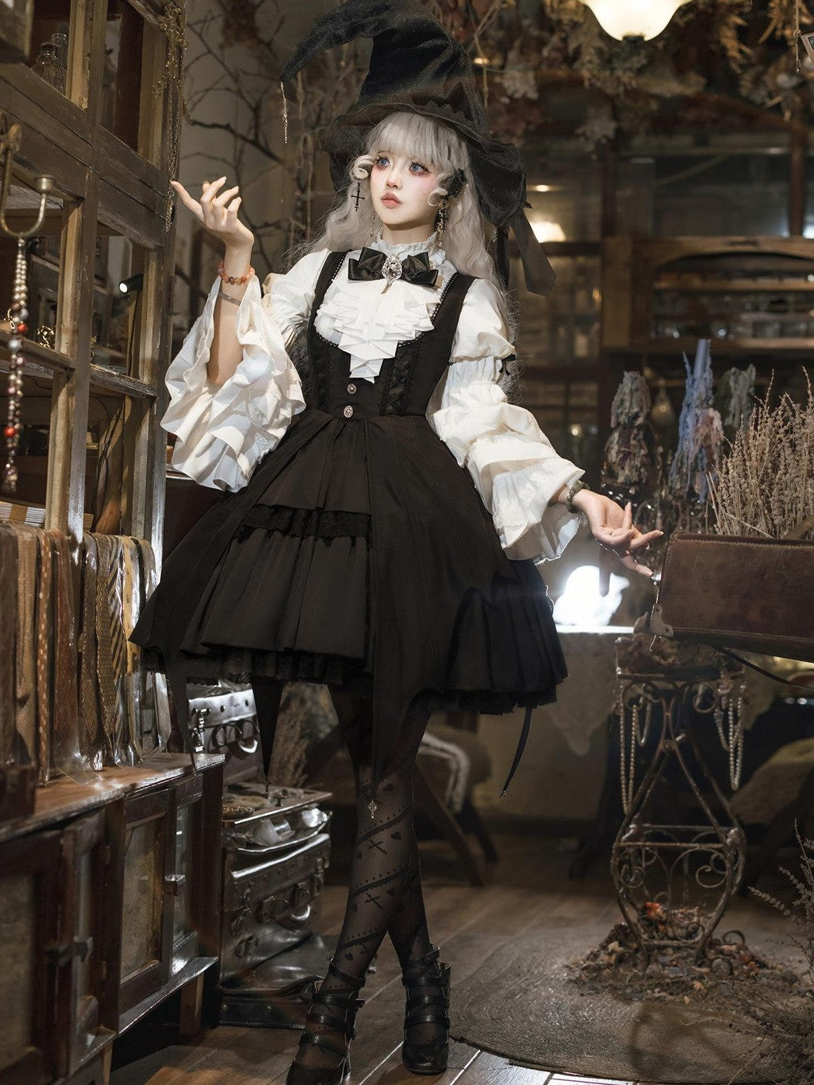 Jing Mu Dark Gothic Lolita Witch Suspender Dress Blouse Hat Women's Jsk Sets